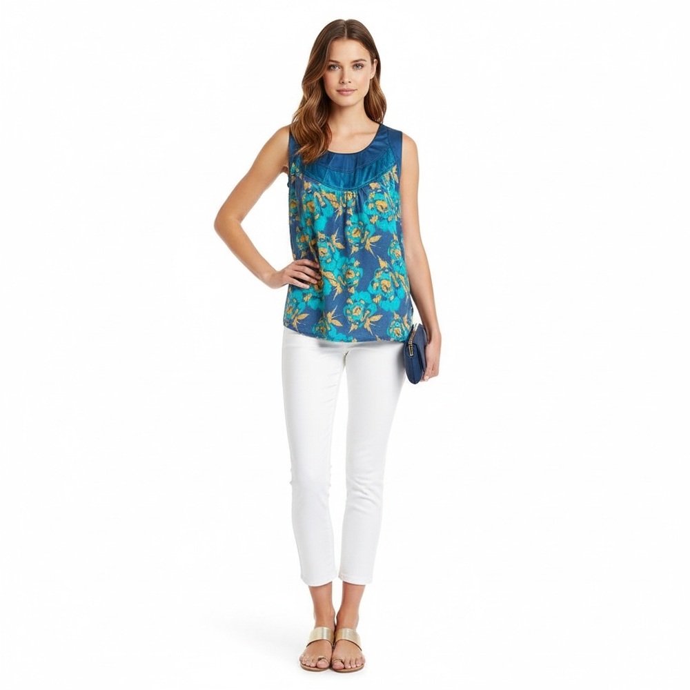 Fossil Floral Teal Floral Sleeveless Blouse - Picture 3 of 9